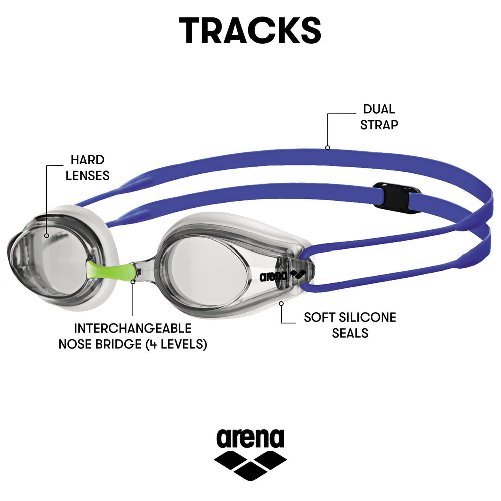 Arena Tracks Unisex Adult Essential Racing Swim Goggles for Competitive Swimmers FINA-Approved Anti-Fog Coated Non-Mirror Lens, White/Clear/Blue