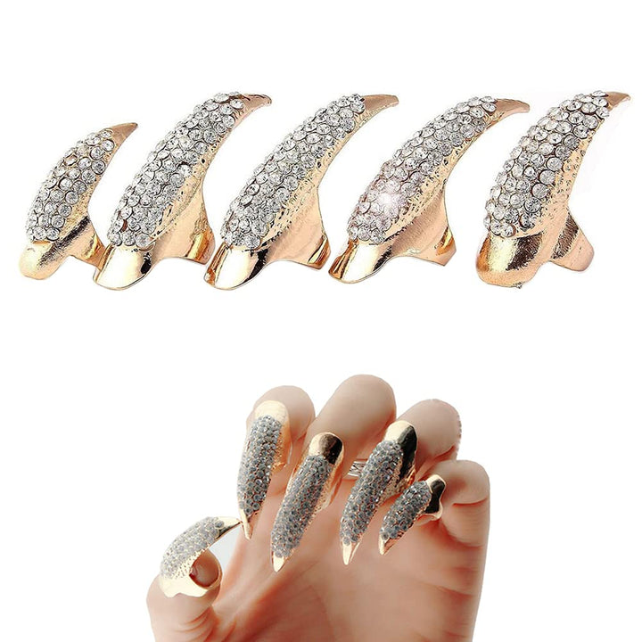 Ericotry Set of 5 Punk Style Finger Claw Ring Gothic Jewelry False Nail Retro Clear Crystal Talon Finger Ring Knuckle Bend Finger Claw for Cosplay Party (Glod)