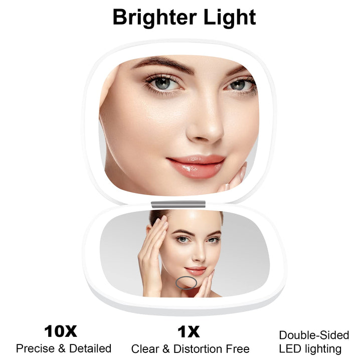 Compact Mirror, Lighted Travel Makeup Mirror with 1X/10X Magnifying Double Sided Dimmable Portable Pocket for Handbag and Pocket, USB Charging(White)
