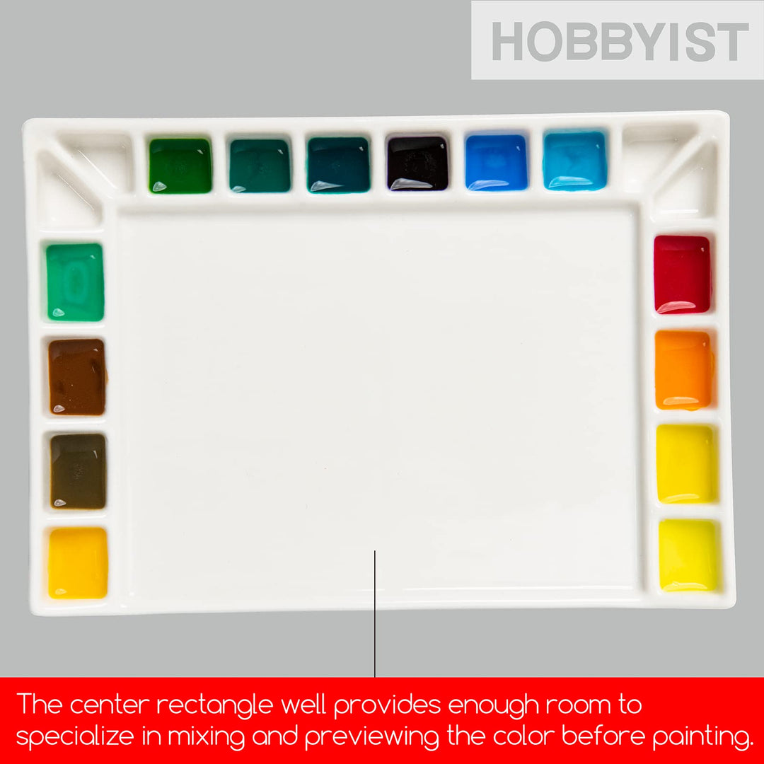 18-Well Porcelain Artist Paint Palette, Mixing Art Ceramic Watercolor Paint Palette for Watercolor Gouache Acrylic Oil Painting, Rectangle 8 by 5-1/2-Inch