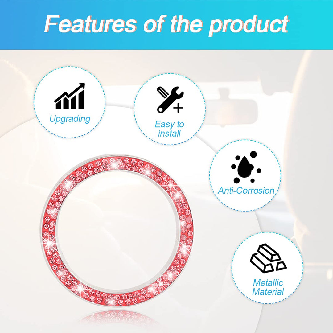 Car Bling Crystal Rhinestone Engine Start Ring Decals, 2 Pack Car Push Start Button Cover/Sticker, Key Ignition Knob Bling Ring, Sparkling Car Interior Accessories for Women (Red)