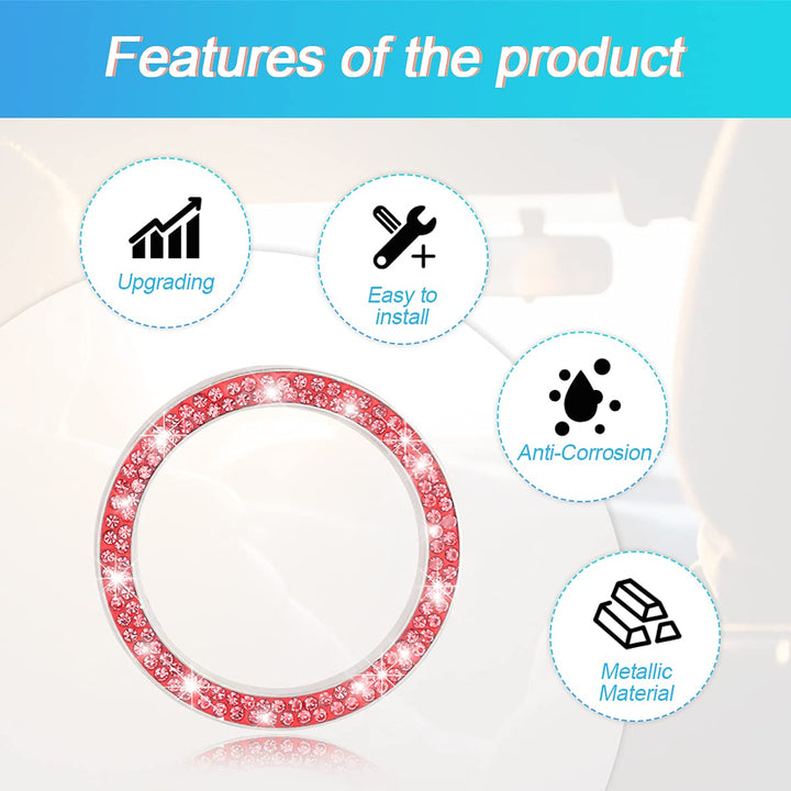 Car Bling Crystal Rhinestone Engine Start Ring Decals, 2 Pack Car Push Start Button Cover/Sticker, Key Ignition Knob Bling Ring, Sparkling Car Interior Accessories for Women (Red)