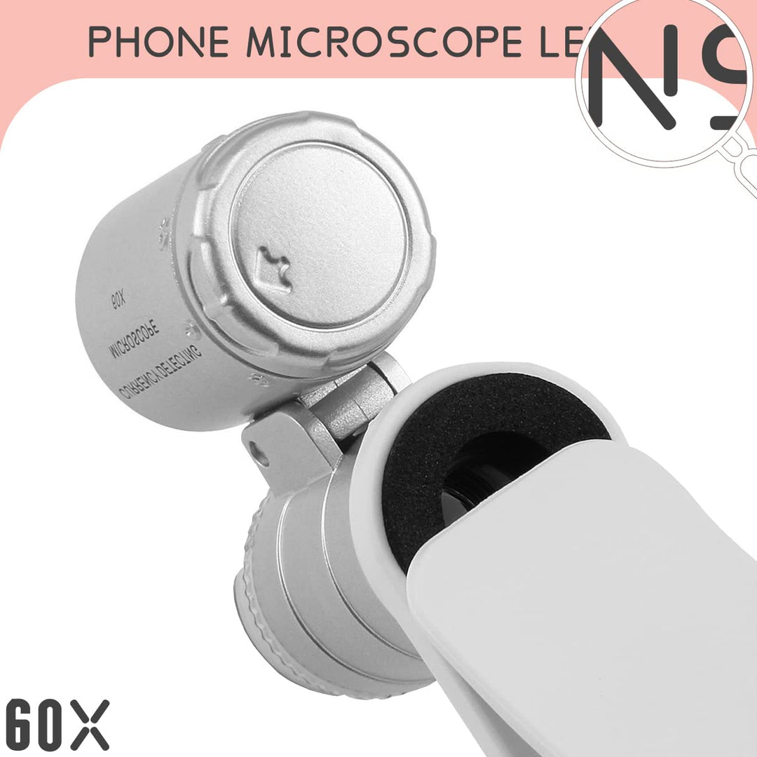60X Clip-On Microscope Magnifier Lens with LED Lights Jeweler Loupe for iPhone, Samsung and More Mobile Phones (Universal)