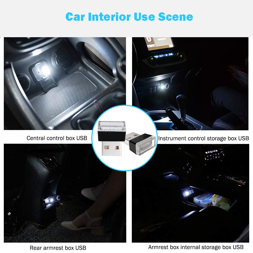 USB LED Atmosphere Lights Mini Car Interior Ambient Lighting Kit-Universal (White, 2 pcs)