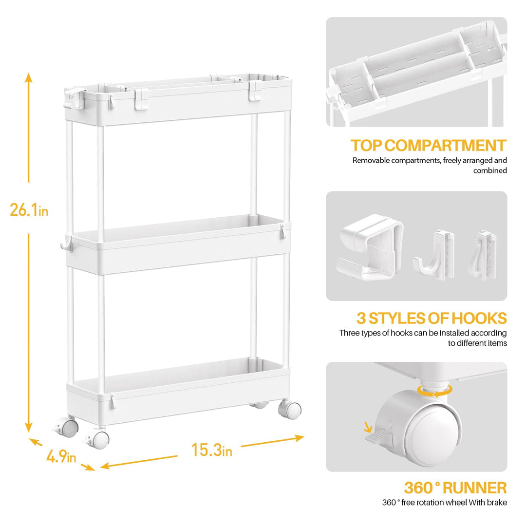 Slim Storage Cart,3 Tier Bathroom Rolling Utility Cart Slide Out Cart, Mobile Shelving Unit Organizer Trolley for Office Bathroom Kitchen Laundry Room Narrow Places, White