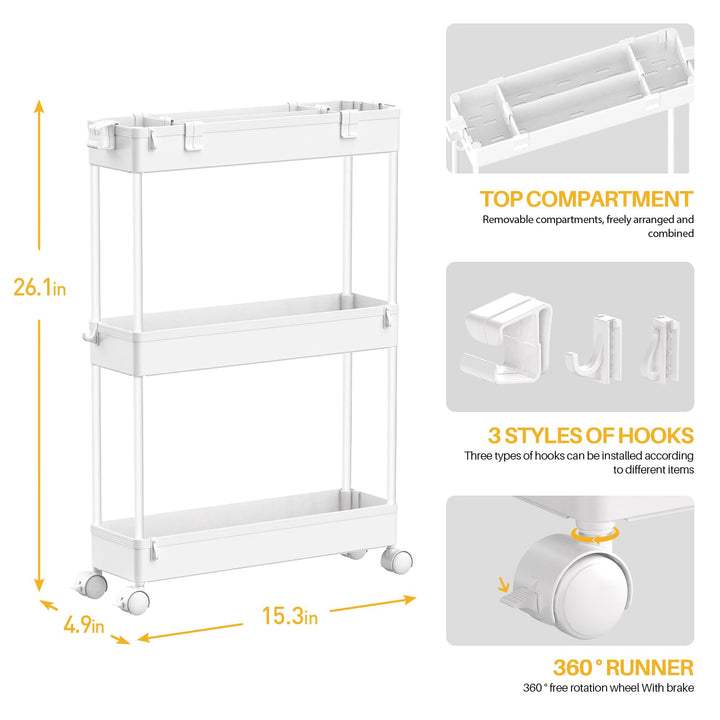 Slim Storage Cart,3 Tier Bathroom Rolling Utility Cart Slide Out Cart, Mobile Shelving Unit Organizer Trolley for Office Bathroom Kitchen Laundry Room Narrow Places, White