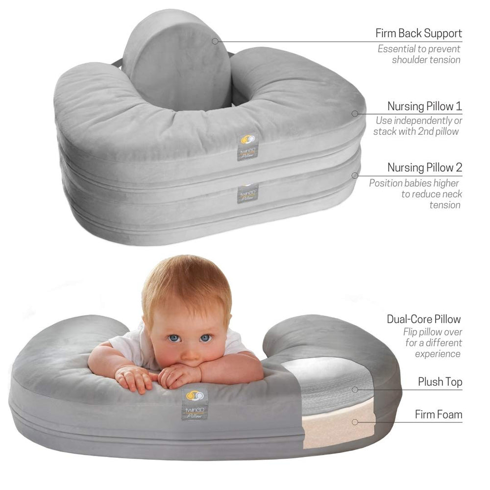 Nurse & Lounge Pillow (Grey) - Breastfeeding Pillow for Twins or Two Lounge Pillows || 8 uses || XS to Plus Size Woman || Preemie 0-12+ mo Babies