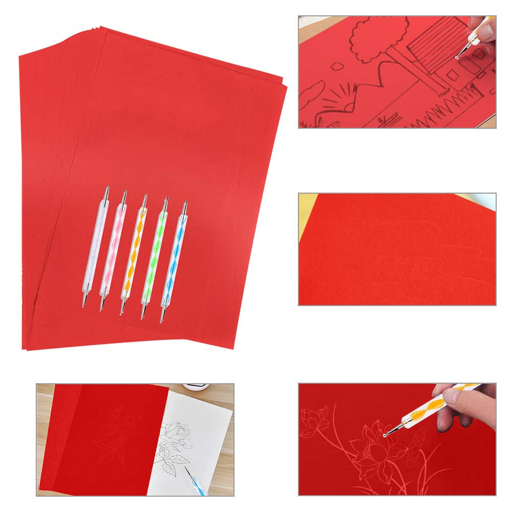 50Pcs Red Carbon Transfer Paper with 5Pcs Colorful Embossing Stylus,Transfer Carbon Graphite Copy Paper Tracing Paper for Canvas/Fabric/Paper/Wood/DIY Woodworking/Hand Painting(11.7x8.3 inch)