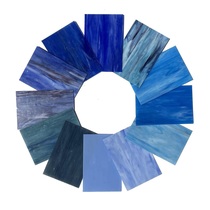 12 Sheets Stained Glass Sheets Pack, 6 X 4 Cathedral Glass, Art Glass, Mosaic Glass Tiles for Crafts, (Mixed Blue)