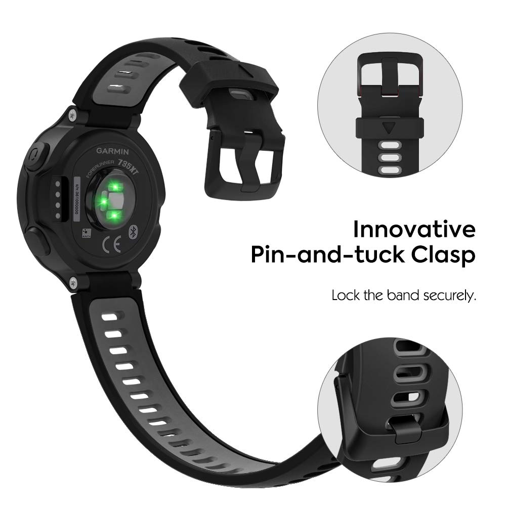 Watch Band Compatible with Garmin Forerunner 220/230/235/620/630/735XT, Soft Silicone Women Men Adjustable Sport Strap Fit Garmin Forerunner 735XT/220/230/235/620/630 - Black & Gray