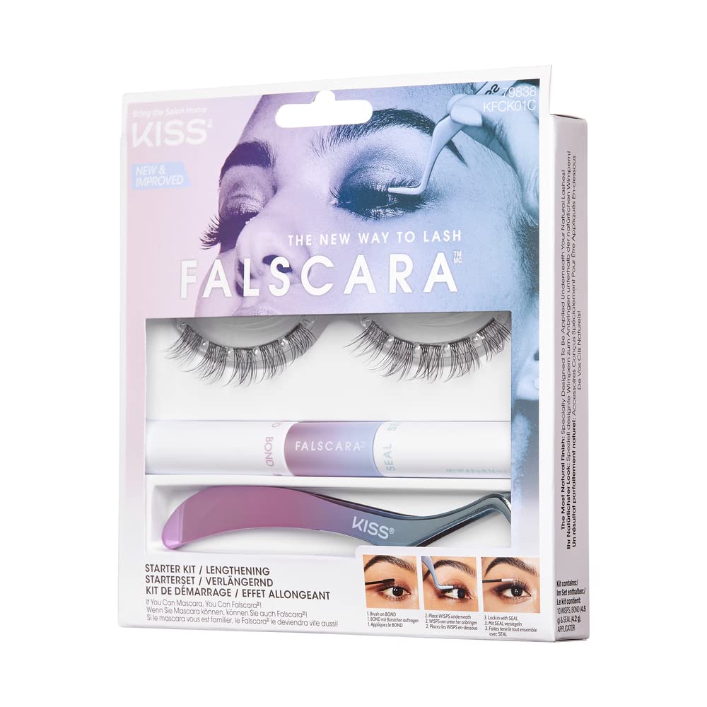 Falscara DIY Lash Extension Starter Kit 10 Reusable Featherlight Eyelash Lengthening Wisps, Applicator, Bond & Seal