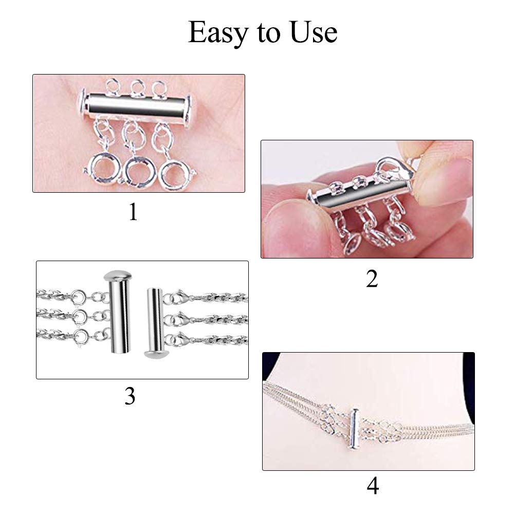 Layered Necklace Spacer Clasp, 3 Strands Necklaces Slide Magnetic Tube Lock with Lobster Clasps, Jewelry Clasps Connectors for Layered Bracelet Jewelry Crafts Necklace, 2 Pack Gold and Sliver