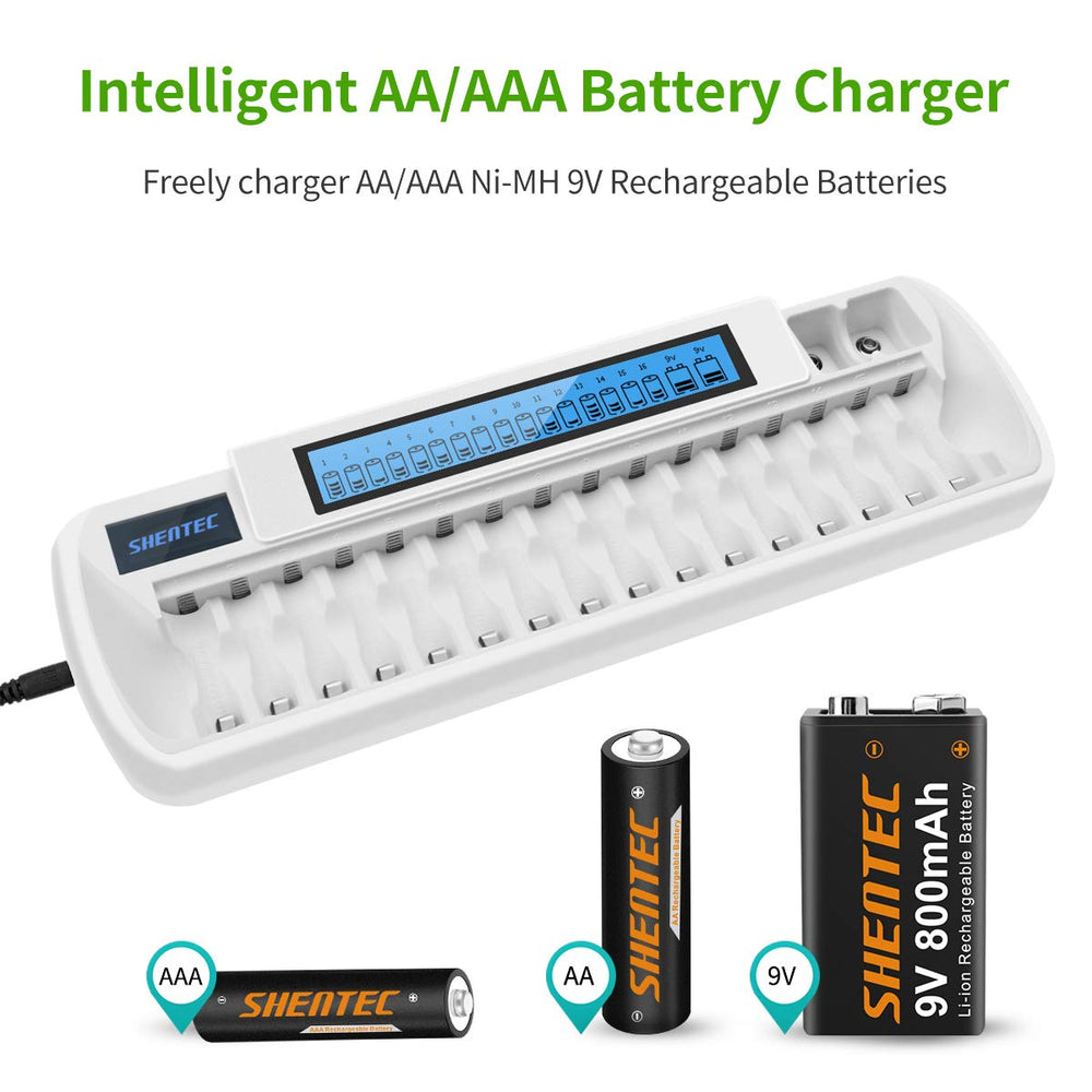16+2 Bay Smart Rechargeable Battery Charger with LCD Display for AA AAA NiMH Batteries & Li-ion 9V Rechargeable Batteries with AC Wall Adapter (Not Fit for AA AAA Li-ion Batteries)