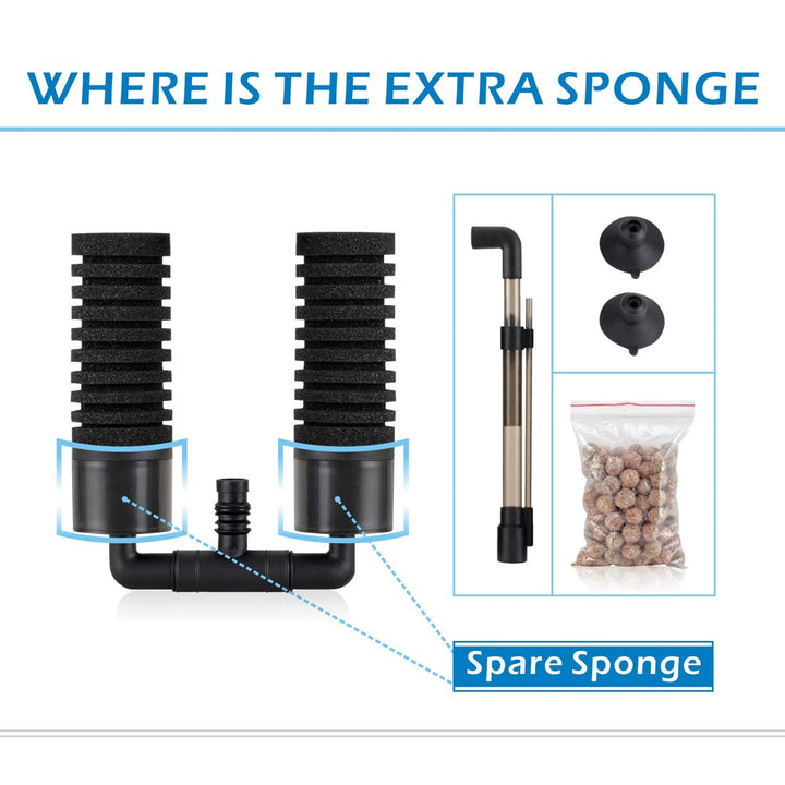 Sponge Filter, Aquarium Filter Double Sponge Replaceable Media with 4 Biochemical Sponges and 1 Bag of Filtered Ceramic Balls Ultra Quiet Filter Fish Tank (S/M)