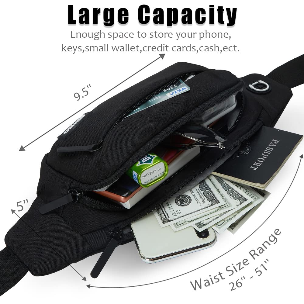 Black Fanny Packs for Women Men Fashionable Waterproof Belt Bag Gifts for Running Sport Workout Hiking Travel Crossbody Plus Size Waist Pack Phone Bag Wallets Purse Carrying All Phones