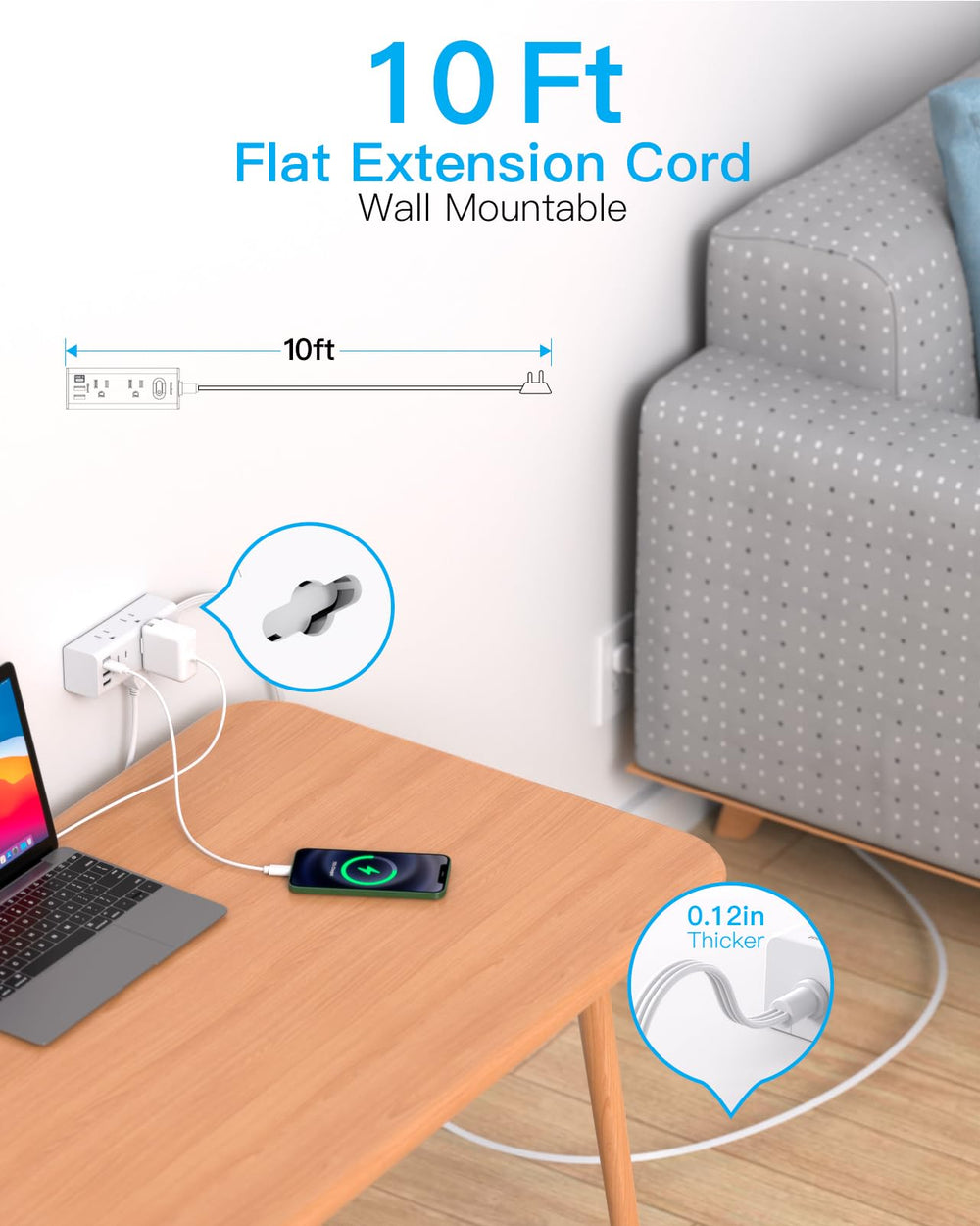 10Ft Extension Cord with Multiple Outlets,Flat Plug Power Strip Surge Protector with 10 Ft Long Cord,6 Outlet 3 USB Ports (1USB C),Multi Outlet Wall Plug for Travel,College,Dorm Essentials