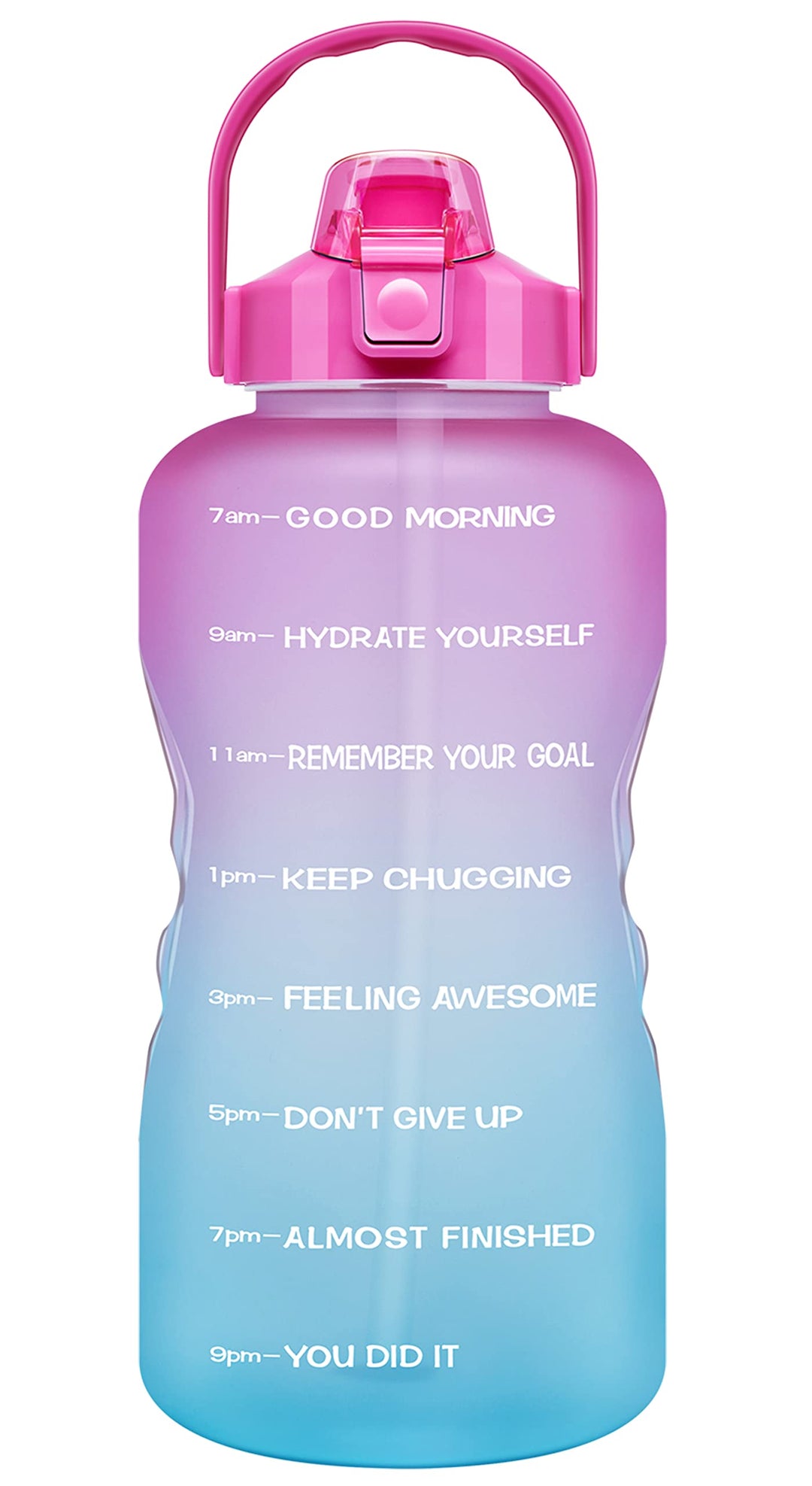 1 Gallon Large Motivational Sports Water Bottle with Time Marker & Straw, Leakproof BPA Free Reusable Fitness Water Jug for Gym,Work and Outdoor Sports-Ombre Fuschia Green