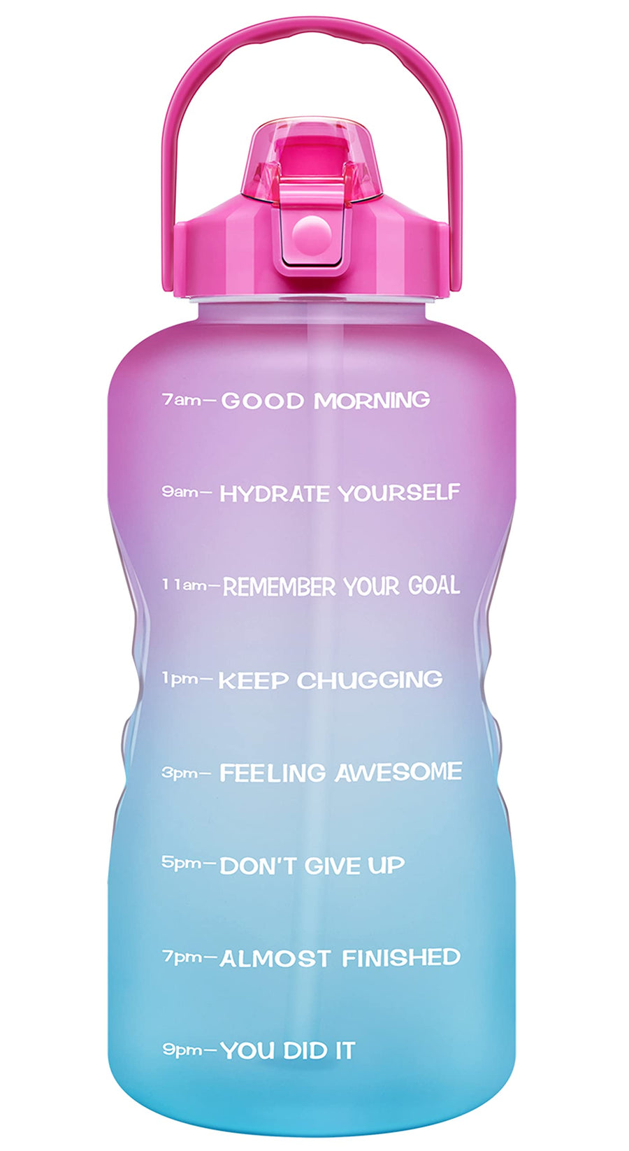 1 Gallon Large Motivational Sports Water Bottle with Time Marker & Straw, Leakproof BPA Free Reusable Fitness Water Jug for Gym,Work and Outdoor Sports-Ombre Fuschia Green