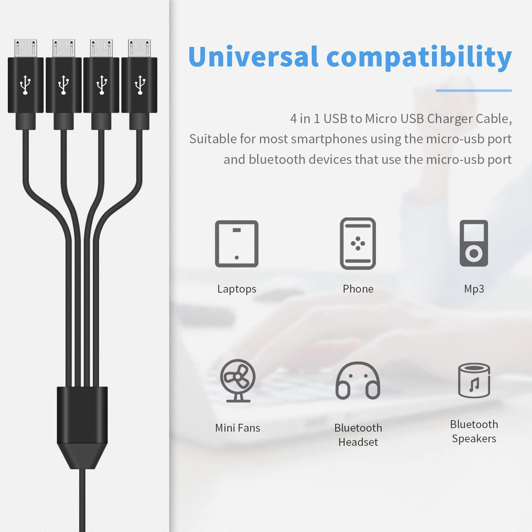 USB A to USB Micro Charging Cable, 4 in 1 Multi Charger Cable Micro USB Splitter Cable 4 Ports Micro USB 2.0 Male-Male Charging Cord Adapter Connectors for Cell Phones and More (Black 1.8M)