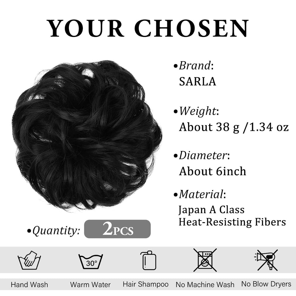 2PCS Messy Hair Bun Hair Pieces Wavy Curly Synthetic Updo Fake Scrunchies Ponytail Extension for Women Jet Black