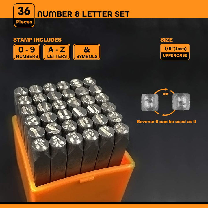 Professional 36Pcs. Steel Metal Stamping Tool Set,(1/8”) 3mm,Steel Number and Letter Punch Set,Alloy Steel Made HRC 58-62 for Jewelry Craft Stamping.