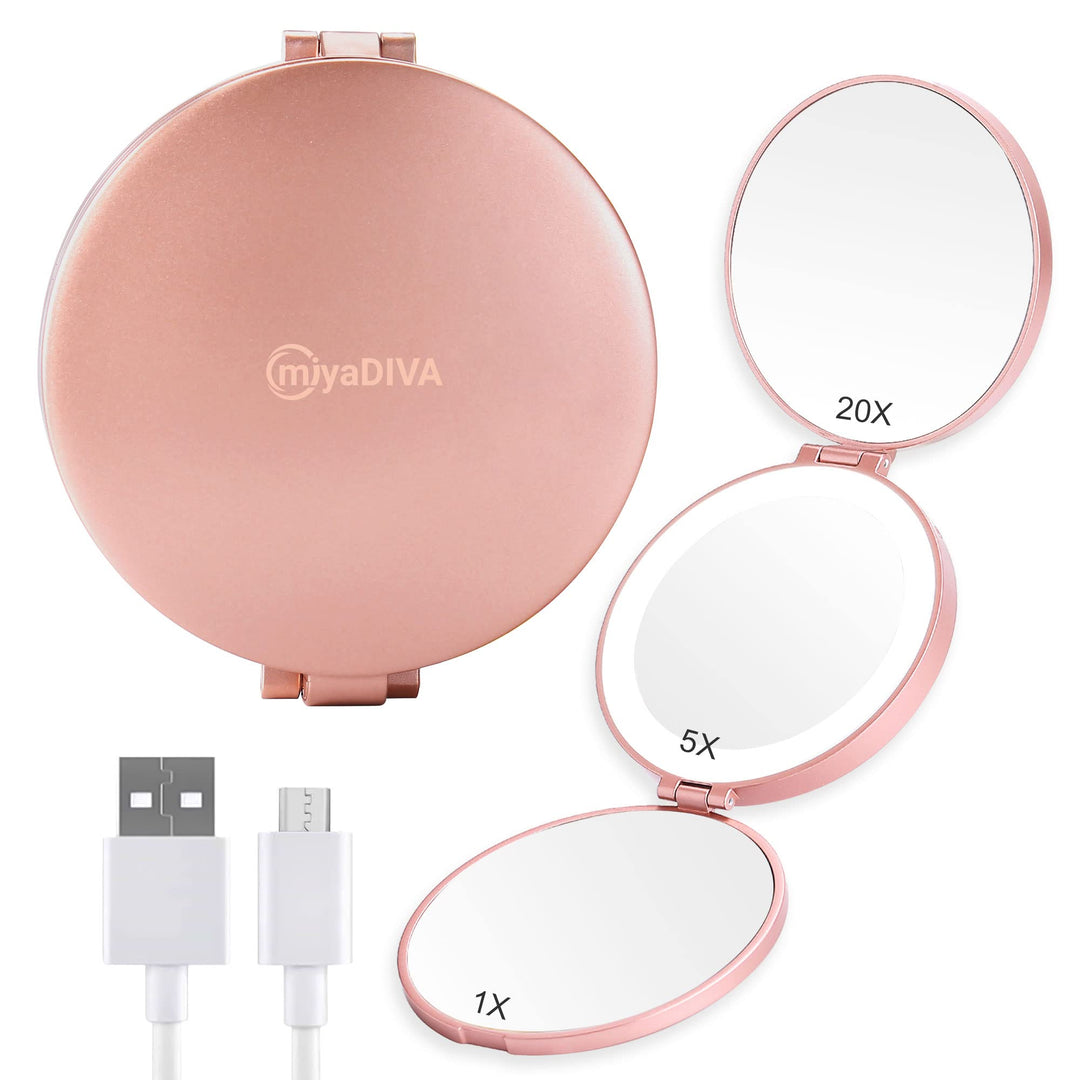 Magnifying Mirror with Light, Hand Mirror Travel Makeup Mirror with 3 Side 20X 5X 1X Magnification, Travel Magnifying Mirror for Pocket