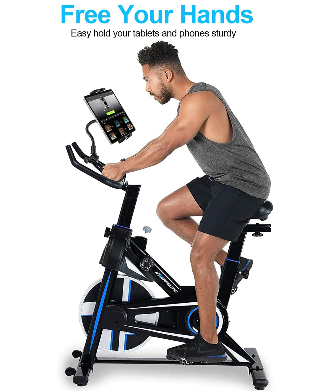 Gooseneck Spin Bike Tablet Mount, Elliptical Treadmill Tablet Holder, Indoor Peloton Stationary Exercise Bicycle Tablet Clamp for iPad Pro 12.9/Air/Mini, Galaxy Tabs, 4-13 CellPhone or Tablets