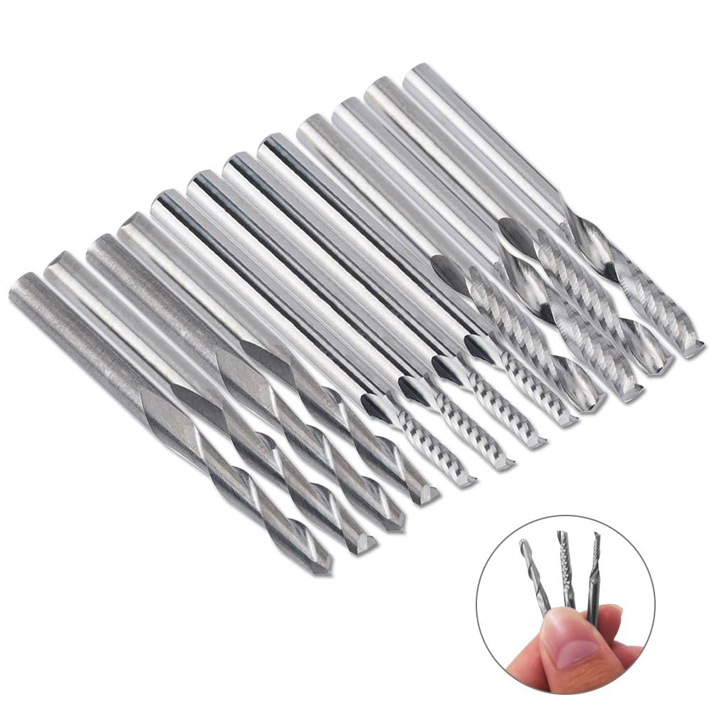 12 PCS Carbide END Mill Cutter, 4 PCS 1/8 CNC Router Bits Double Flute Tools + 8 PCS 1 Flute Single Edged Milling Cutter (2 Types) for Nylon, Resin, ABS, Acrylic, PVC, MDF, Hardwood