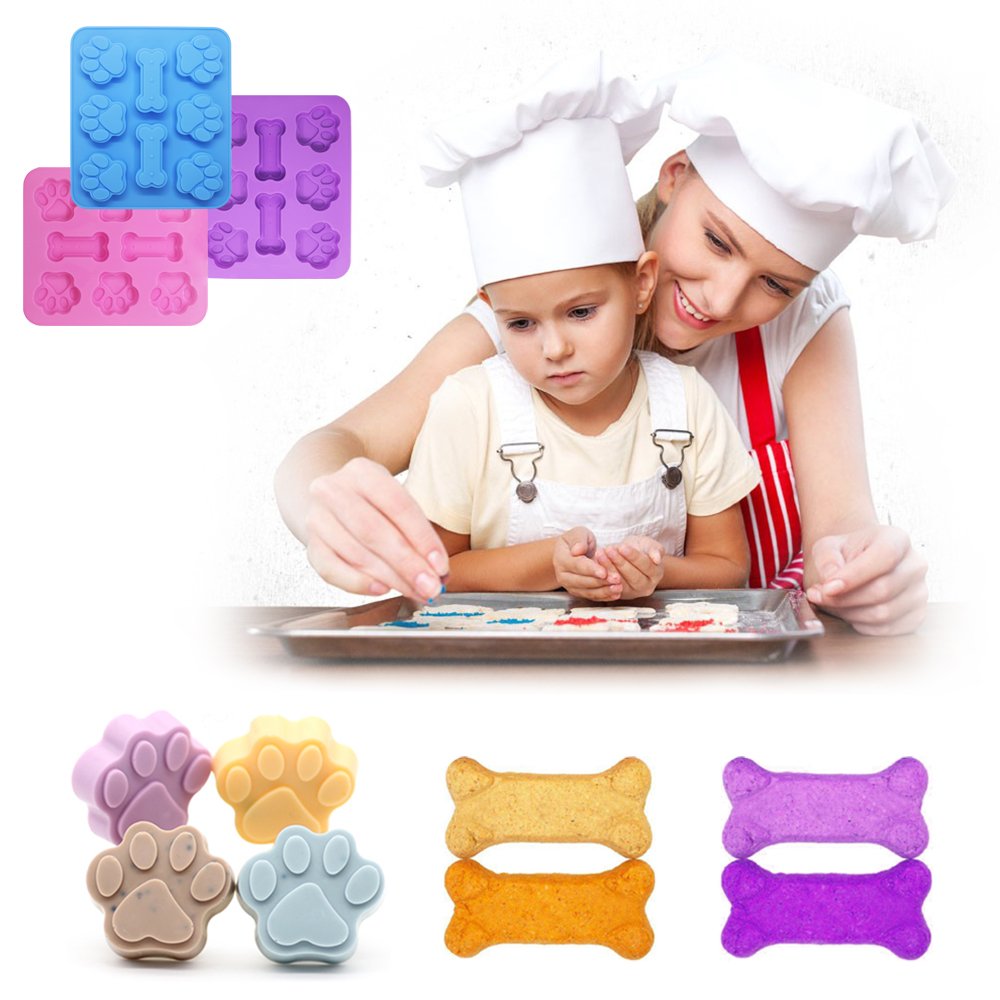 3 Pcs Silicone Molds Puppy Dog Paw & Bone Shaped 2 in 1, 8-Cavity, Reusable Ice Candy Trays Chocolate Cookies Baking Pans, Oven Microwave Freezer Dishwasher Safe-Pink, Blue, Purple