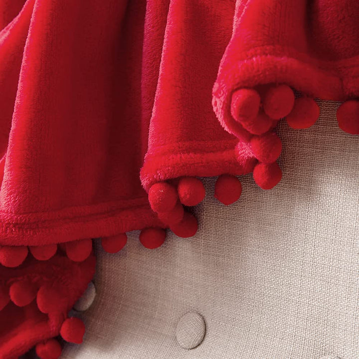 Fleece Blanket with Pompom Fringe, Soft Cozy Lightweight Flannel Bed Blanket Fuzzy Plush Warm Blanket with Boho Decorative Tassel for Couch Sofa, Throw Size 50x60, Cream White