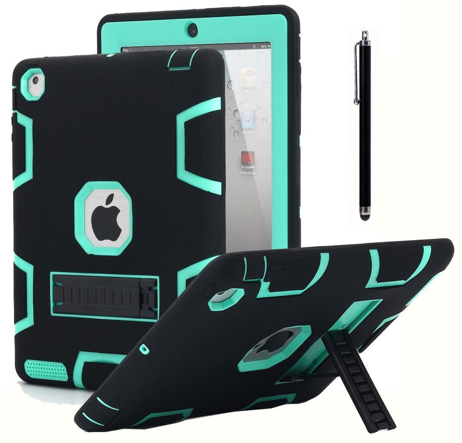 iPad 2 Case,iPad 3 Case,iPad 4 Case, Kickstand Shockproof Heavy Duty Rubber High Impact Resistant Rugged Hybrid Three Layer Armor Protective Case with Stylus for iPad 2/3/4 (Black+Mint Blue)