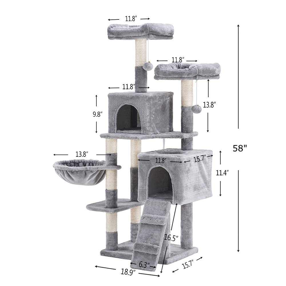 58'' Multi-Level Cat Tree Condo Furniture with Sisal-Covered Scratching Posts, 2 Plush Condos, Hammock for Kittens, Cats and Pets Light Gray MPJ013W