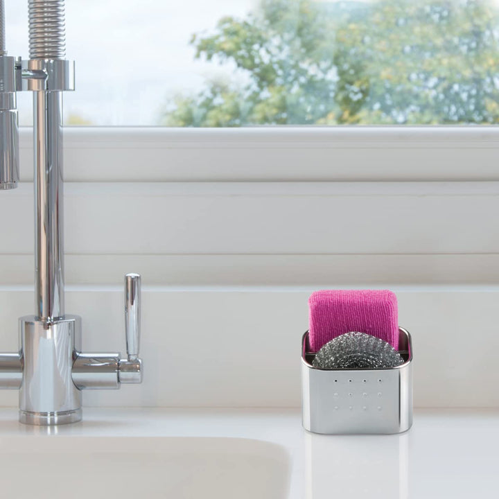 iDesign Forma Polished Stainless Steel Sink Organizer Set with Sponge and Scrubby - 3.1 x 4 x 3.1