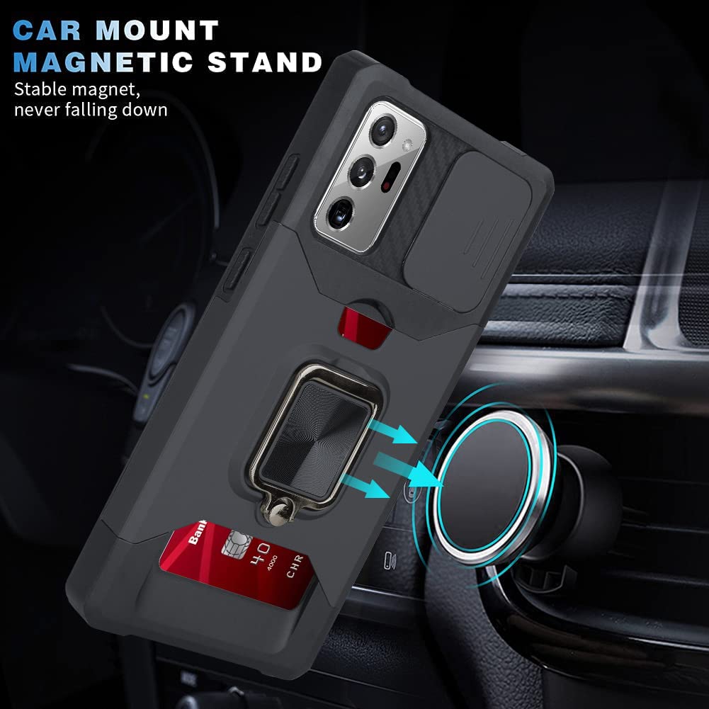 Black Samsung Galaxy Note 20 Ultra Case with Stand Grip/Camera Slide Protection/Magnetic Car Mount/Card Holder Design,Slim Shockproof Protective Case for Samsung Note 20 Ultra 6.9 2020