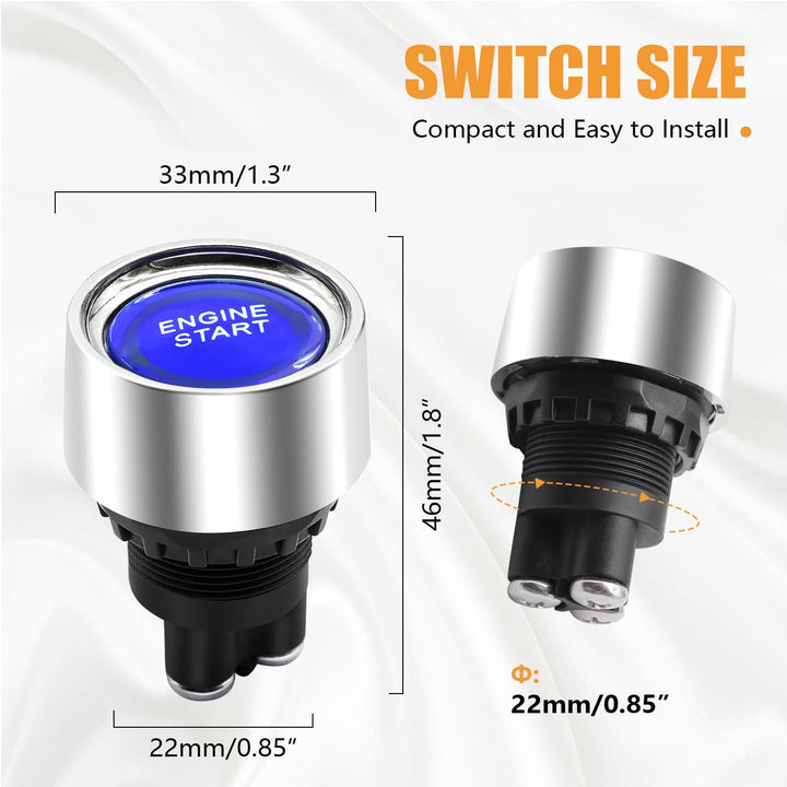 Push Start Ignition Switch 12V DC Start Engine Button Stater (ON)-Off Momentary Engine Start Push Button Switch 3Pin SPST 50A Blue LED Light for Racing Car Vehicle Truck Boat RV M-042-BU
