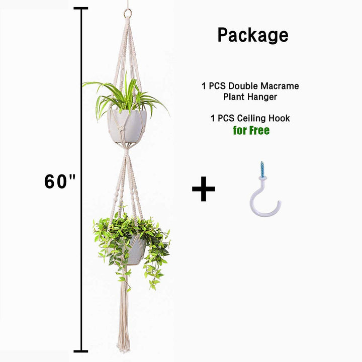 2 Tier Macrame Plant Hanger Handmade Double Indoor Hanging Planter Pot Holder - Modern Boho Home Decor - 1 PCS Ceiling Hook