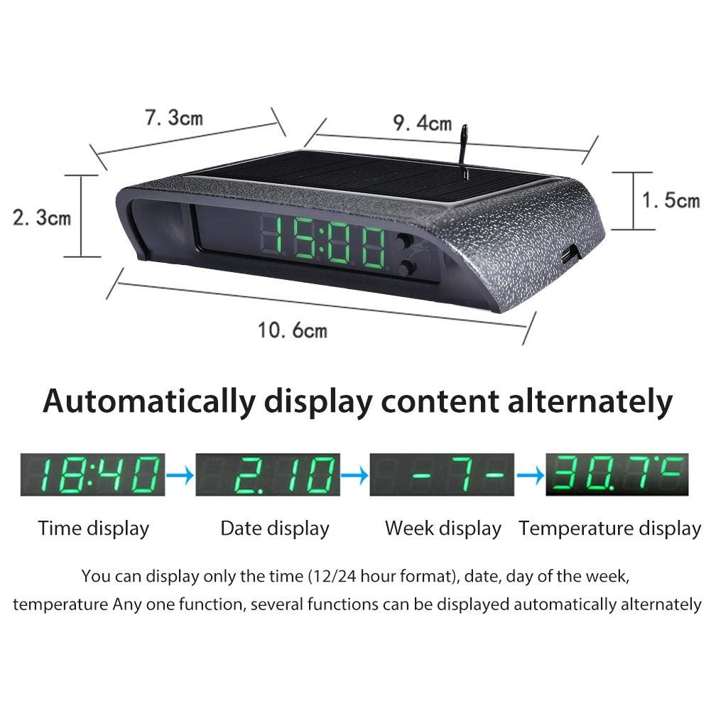 Car Clock Digital Solar Powered Car Electronic Clock Stick-On Luminous Car Clock Dashboard Auto Clock Car Watch Clock, with Adjustable Brightness, Date, Temperature