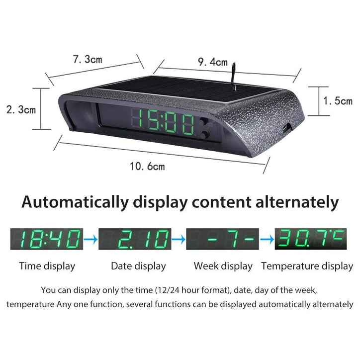 Car Clock Digital Solar Powered Car Electronic Clock Stick-On Luminous Car Clock Dashboard Auto Clock Car Watch Clock, with Adjustable Brightness, Date, Temperature