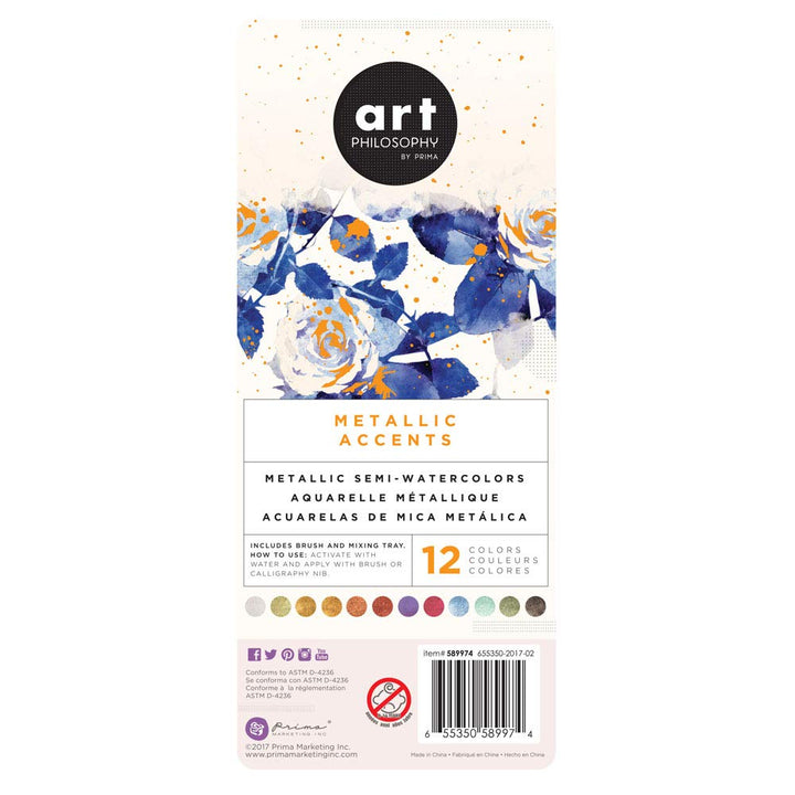 Prima Marketing Art Philosophy Metallic Accents Semi-Watercolor Paint -12 Cakes & Brush 655350592974 Metallic Accent Watercolors