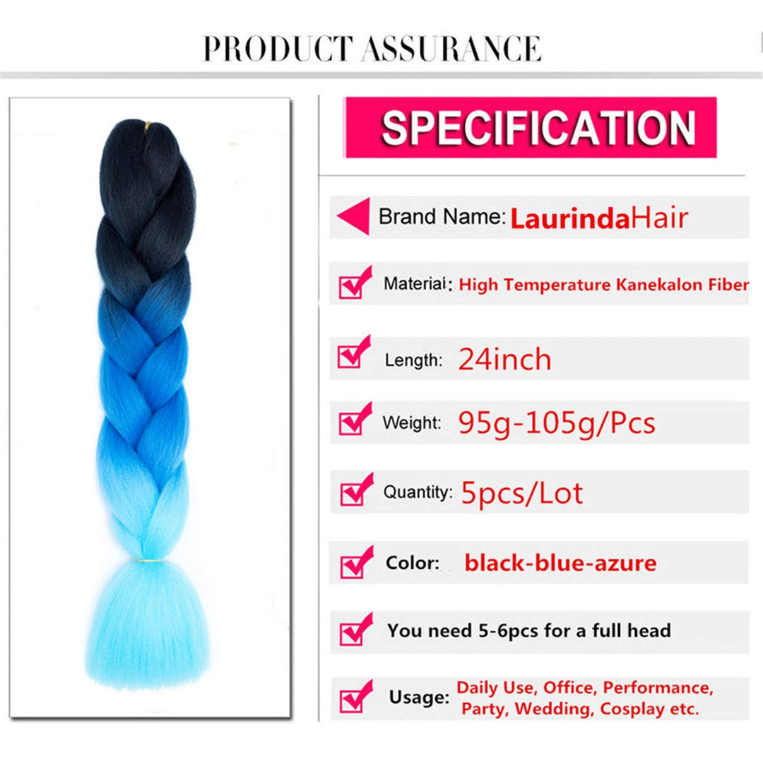 Jumbo Braiding Hair 5PCS/Lot Ombre Kanekalon Pre Stretched Braiding Hair Extensions High Temperature Synthetic Burgundy Blonde Kids Hair 24 Inch Hair for Braiding (black-blue-azure)