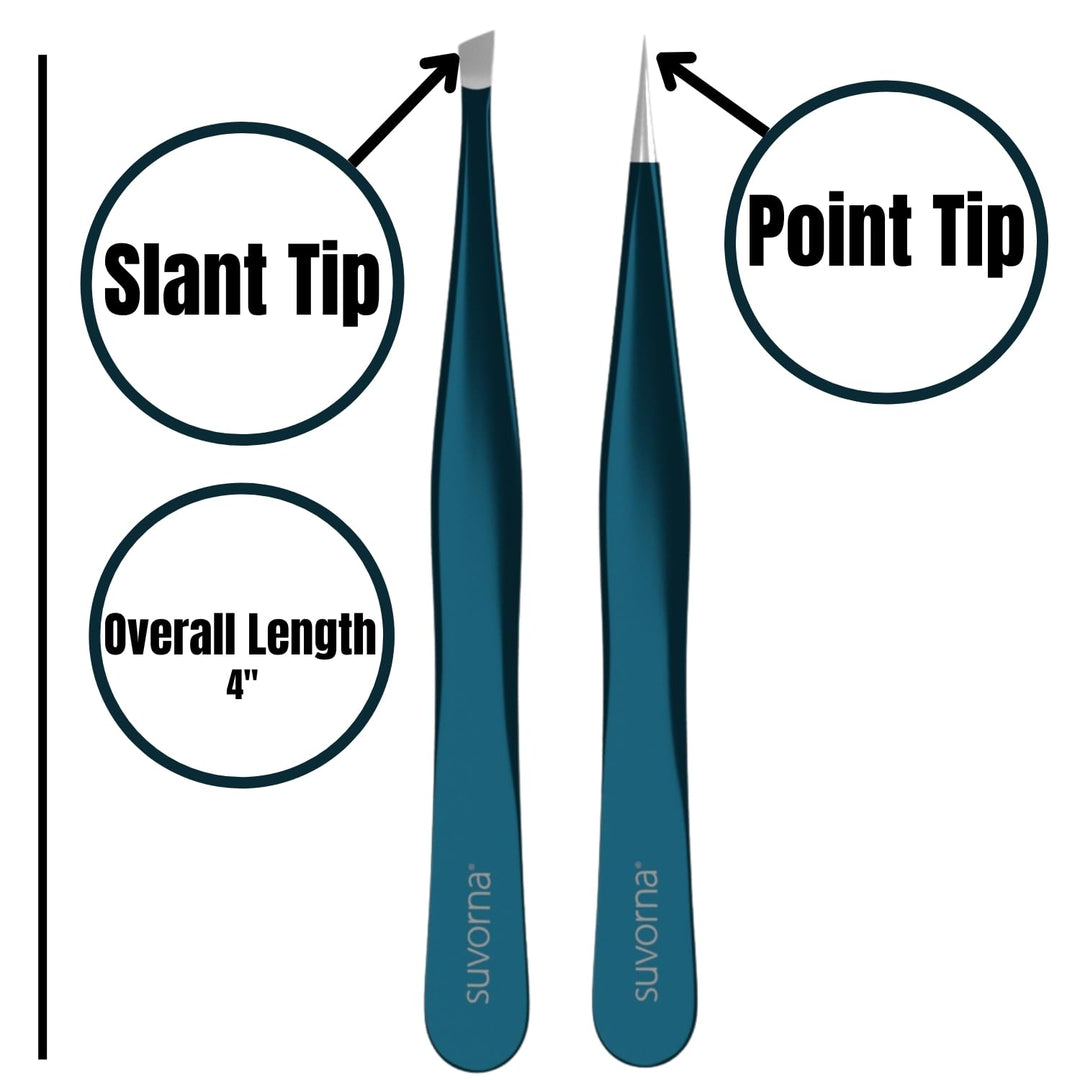 4 Precision Aligned Professional Tweezers Color Sets with Premium Stainless Steel. One Sharp Pointed Pair and One Slant Tip Pair for Eyebrow Shaping. Great for Ingrown Hair (Green)