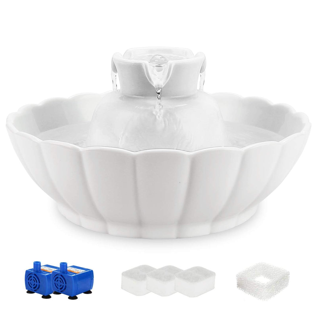Tritone Ceramic Cat Water Fountain, Heavy-Duty Waterer for Pets, 2.1 Liters / 2.2 Quart Filtered Water Purifier with Replacement Filters and Foam, White