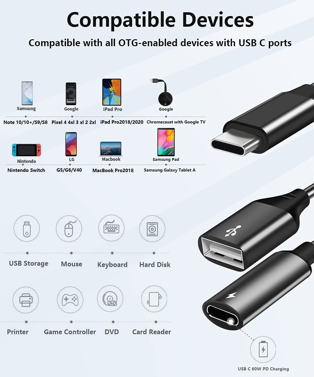 USB C to USB Adapter with Type C Charging, 2 in 1 Type C 3.0 OTG Splitter with 60W PD Fast Charge Compatible with iPhone 16 15 Pro Max, Galaxy S24 S23 S22, Pixel 9 8 7, iPad Pro, Google TV 2020