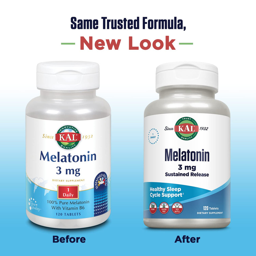 Melatonin 3mg Sustained Release Sleep Aid, Melatonin Supplement Supports Healthy Relaxation, a Calm Feeling and a Proper Sleep Cycle, w/Added Vitamin B6, Vegan, Gluten Free, 120 Serv, 120 Tablets
