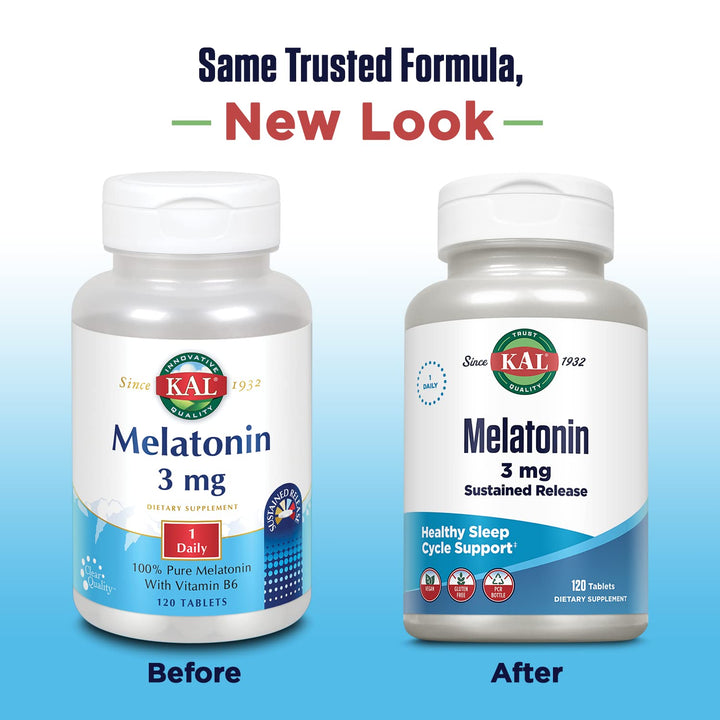 Melatonin 3mg Sustained Release Sleep Aid, Melatonin Supplement Supports Healthy Relaxation, a Calm Feeling and a Proper Sleep Cycle, w/Added Vitamin B6, Vegan, Gluten Free, 120 Serv, 120 Tablets