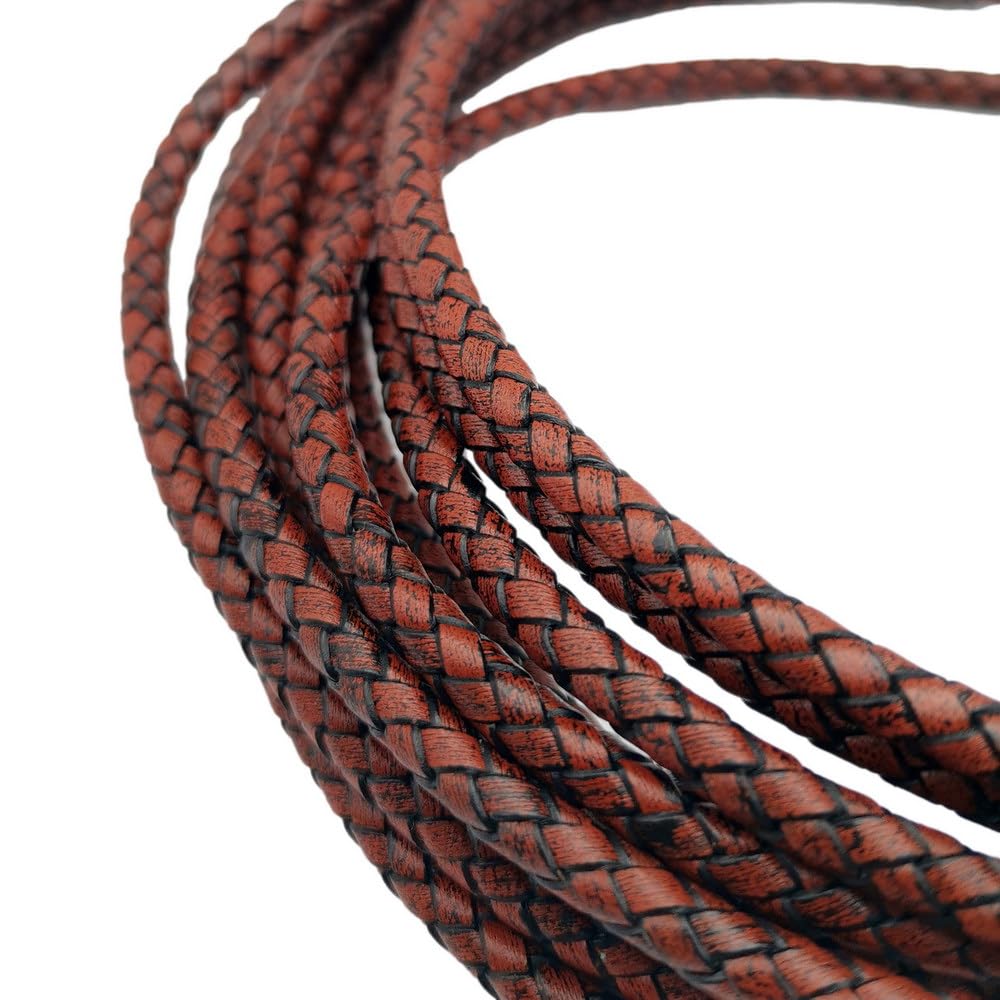 3 Yards Braided Leather Strap 5mm Round Regenerated Leather Cord for Bracelet Making Antique Red Brown