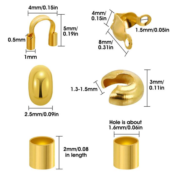 2100 Pieces 2mm Brass Tube Crimp Beads | 3mm Open Half Round Crimp Beads | 4.5mm U Tube End Cord Bead Clamp Tips | 7mm Bead Tips Knot Covers for DIY Jewelry Bracelets Necklaces Making