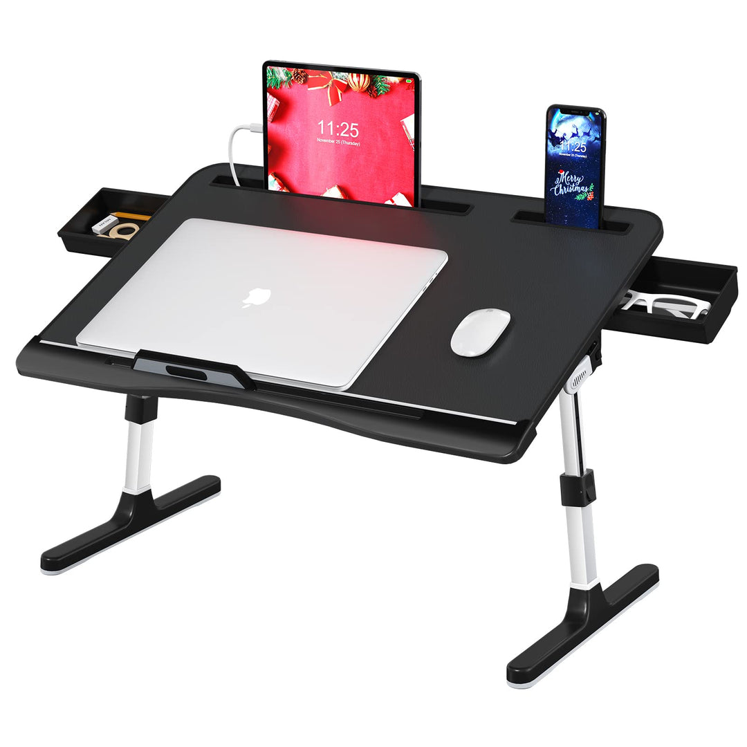 Foldable Laptop Bed Tray Table PVC Leather, Adjustable Laptop Desk for Bed with Height and Angle, Portable Lap Desk for Laptop and Writing with 2 Storage Drawers