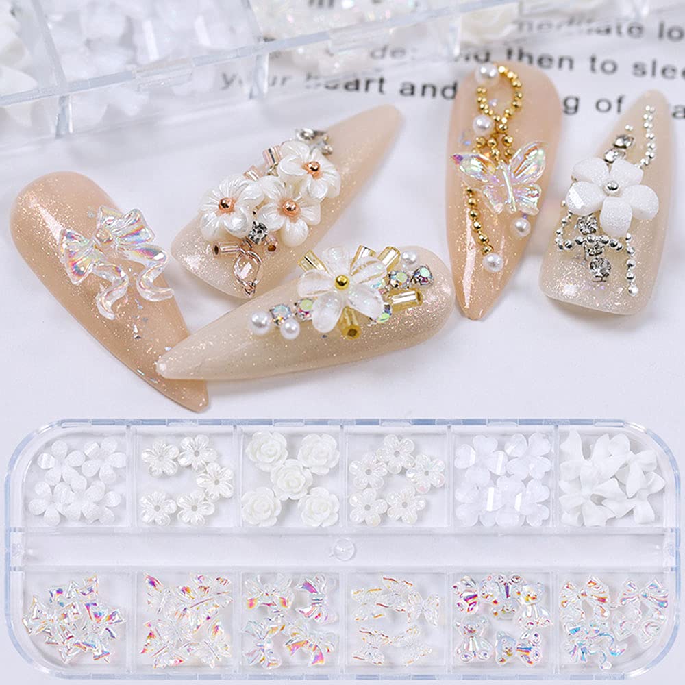 Flower Nail Art Charms 60pcs Nail Glitter Decals Decoration 3D Nail White Flower Mixed Design Acrylic Nail Stud Jewelry Salon Nail Accessories Supplies for Women DIY Manicures Tips