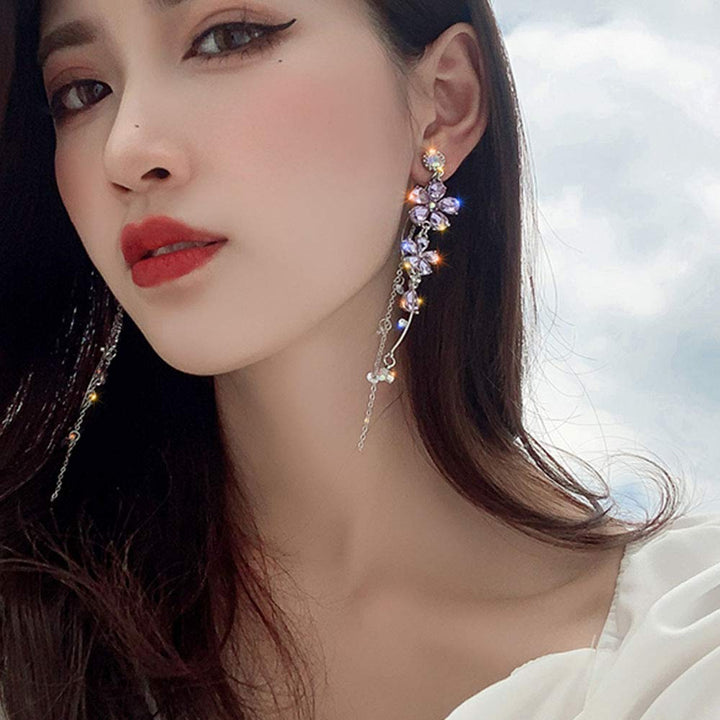 Silver Long Flower Earrings Purple Rhinestones Big Dainty Floral Drop Earrings Statement Charm Earring Body Jewelry for Women and Girls